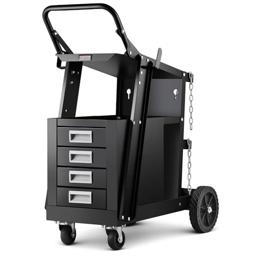 VEVOR Chariot de Soudage à 2 Niveaux Chariot Poste à Souder 4 Tiroirs Charge 120 kg​​ Roues 360° Chaînes Sécurité Stockage Réservoirs Chariot de Soudure MIG à roulettes pour Atelier Découpeur Plasma