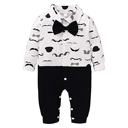 ROMPERINBOX Toddler Baby Boy Gentleman Outfit Romper Button Long Sleeve Bowtie Tuxedo Clothes Jumpsuit 0-12 Months (Moustache, 0-3 Months)