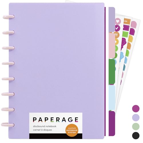 PAPERAGE Customizable Discbound Notebook 114 Pages All-in-One 8-Disc Refillable Spiral Journal with Removable Pages 12-Month Undated Calendar Dividers & Stickers (Lavender) 8.7 in x 6.6 in
