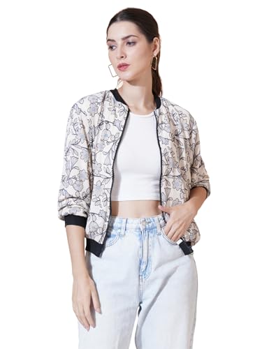 9 Impression Women's Floral Print Long Sleeves Bomber Jacket with Zipper (IN, Alpha, XS, Regular, White)