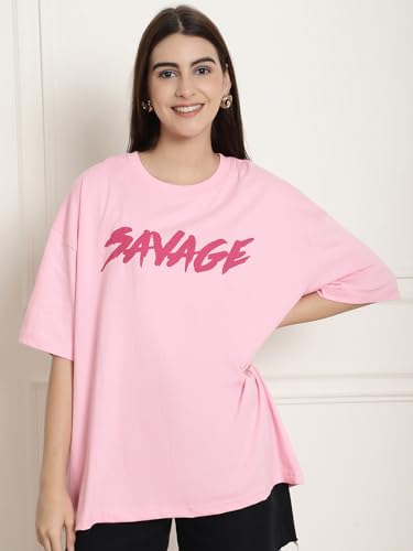 Image of Fabflee Oversized Cotton Baggy Drop Shoulder Graphic Tee with Half Sleeves | Korean Casual Loose T-Shirt for Women