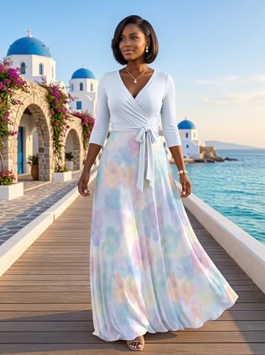 Image of PinkPatty Plus Size Maxi Dress for Women Casual V Neck 3 /4 Sleeve Boho Printed Long Dress with Pockets
