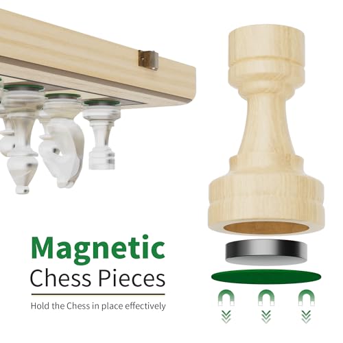 Image of 15 Inch Magnetic Wooden Chess Set, Pine Wood Folding Chessboard with Brown Dual-Sided Storage Trays, 2 Extra Queens & Dust-Proof Bag, Portable Travel Board Game(Natural)
