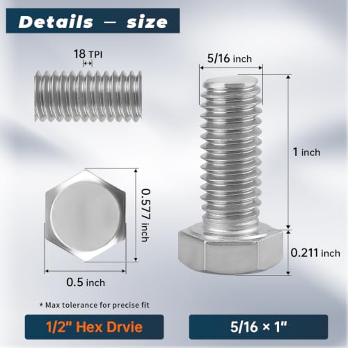 Image of 10 Sets Glvaner 5 /16-18 x 1 inch Stainless Steel Hex Head Screws Bolts, Nuts, Flat & Lock Washers, 18-8 (304) Stainless Steel, Full Thread, Coarse Thread