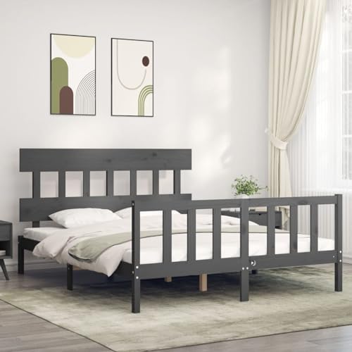 Rantry Estructura de Cama Matrimonio con cabecero Madera Maciza Gris, Base Somier para Adultos, niños y Adolescentes, Fácil Montaje Tipo 7 Camas y somieres