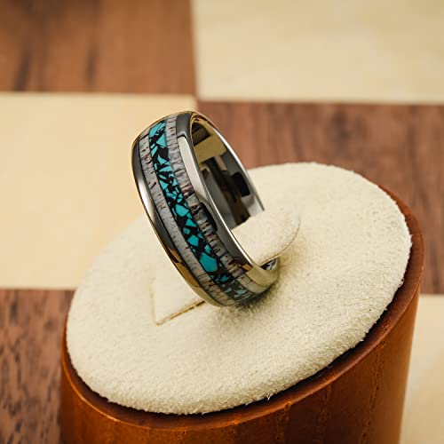 100S JEWELRY Gunmetal Gray Tungsten Rings For Men Turquoise & Elk Antler Inlay Wedding Promise Engagement Band Size 6-163