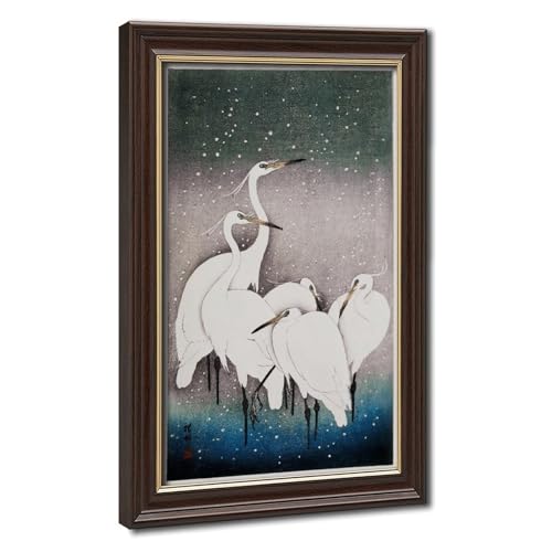 Toile Ohara Koson aigrettes avec suspension bois noble, décoration murale haut de gamme