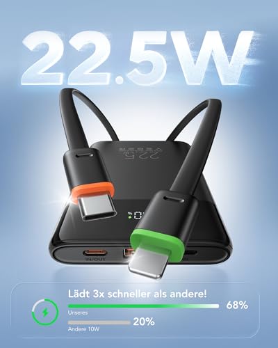 VEGER 22.5W 10000mAh Schnellladung Power Bank mit Integriertem USB-C Kabel – Ansicht 3