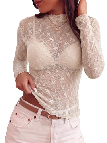 BTFBM Mesh Lace Long Sleeve Tops for Women 2026 Fall,White,S - image 6