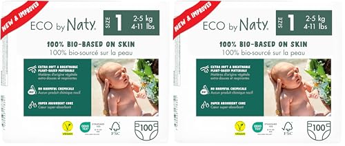 Image of Naty Baby Nappies Newborn - 100% Plant-Based Materials on Skin, Extra Soft, for Sensitive Skin & Super Absorbent (Size 1, 100 Count) (Pack of 2)