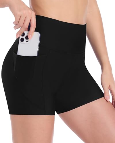 Runhit Women's Swim Board Shorts Swimsuit Bathing Suit Bottom UPF50+ High Waisted Tummy Control Quick Dry Pockets Liner 3" M Black