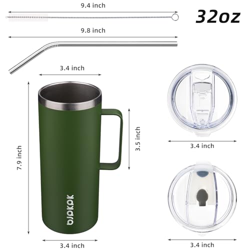 Image of BJPKPK 32oz Insulated Coffee Mug with Handle, Stainless Steel Travel Mug | Keeps Drinks Hot & Cold, Double Wall Vacuum, 2 Lids Included, BPA-Free Coffee Tumbler for Home, Office & Travel