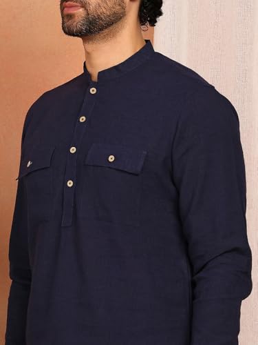 Image of See Designs Men's Full Sleeve Mandarin Collar Linen Solid Pathani Set