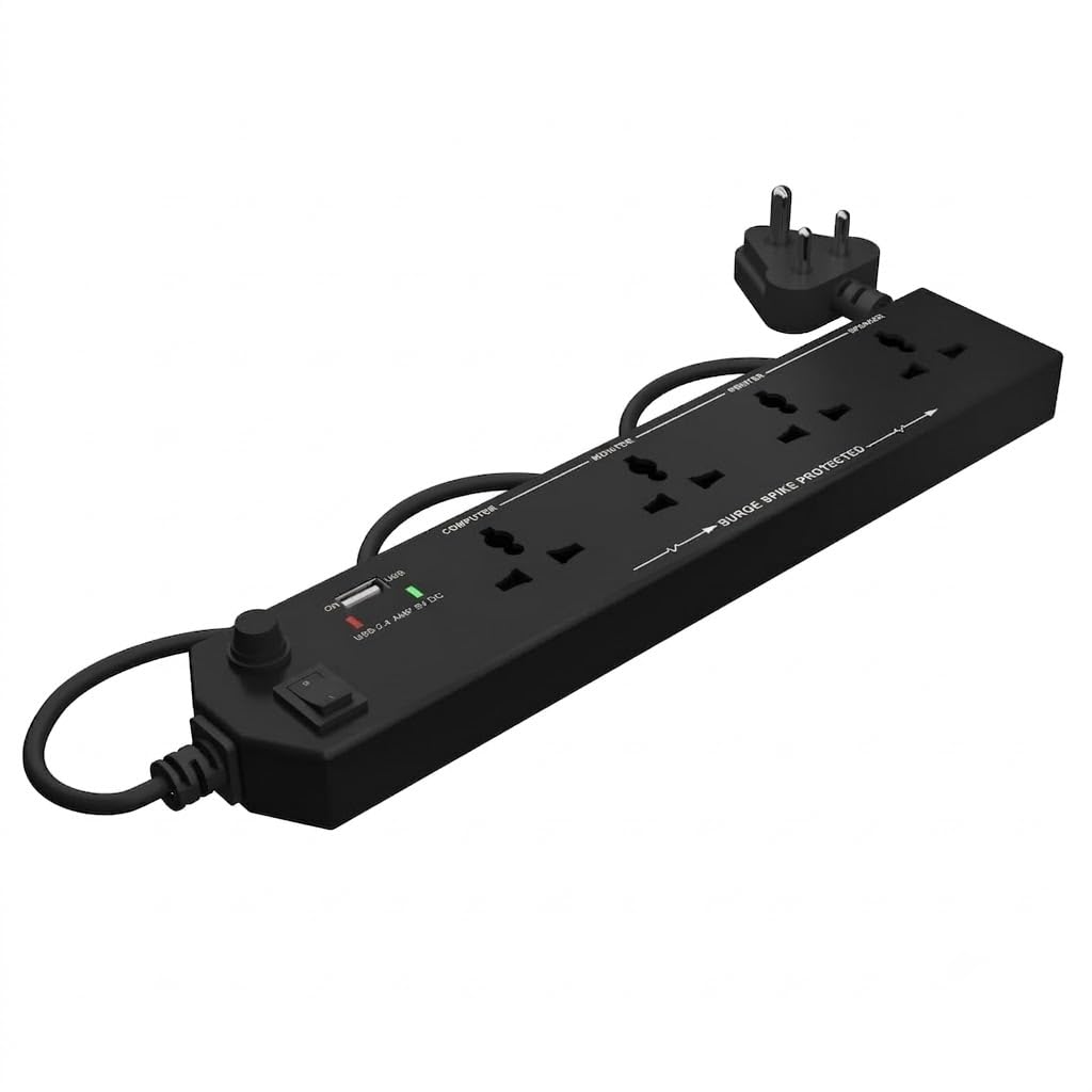 Protected Extension Board – 4 Way Multi-Plug Power Strip with 2 USB Ports (2.4A, 5V DC), Heavy Duty Long Cord, Master Switch, and Dedicated Slots for Computer, Monitor, Printer, and Speakers (Black)-image-5