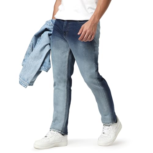 Image of Urbano Fashion Men's Straight Fit Heavy Washed Faded Denim Jeans Stretchable