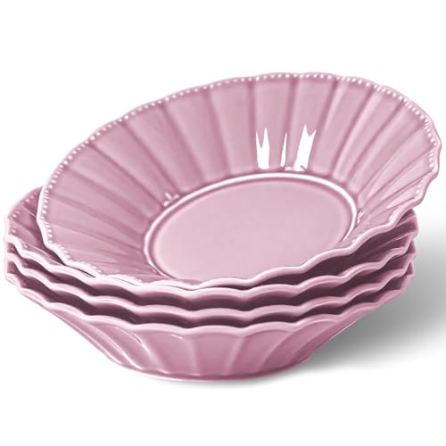 HOMBENE Pasta Bowls Set for 4, 25oz Salad Serving Bowls, Ceramic Soup Bowls,Wide and Shallow Bowls Set, Wavy Style, Soup, Pasta, Noodle, Dinner, Microwave & Dishwasher Safe (Dreamy Sakura Pink)