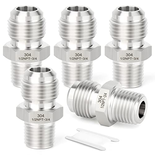 Image of TAISHER 5PCS Forging of 304 Stainless Steel Tube Flare Fittings, 3 /4 inch Male Flare x 1 /2 inch NPT Male, Half Union