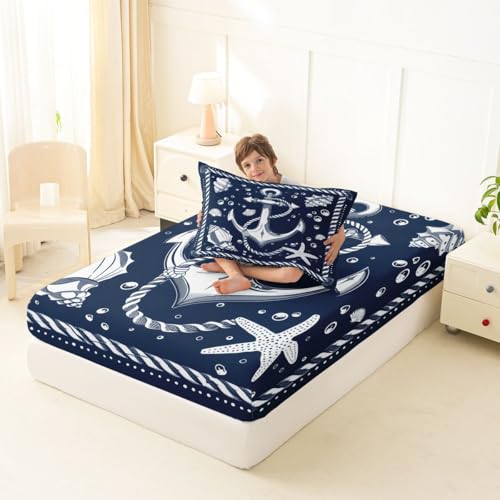 Image of jejeloiu Nautical Theme Bed Sheets Sets Twin Size Kids Boys Girls Compass Anchor Decor Bedding Set Ocean Shells Starfish Bed Sheet Set with 16-Inch Deep Pockets 3Pcs with 1 Pillow Cases