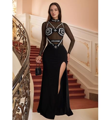Image of Jigfar Women Sexy Elegant Rhinestone Mesh See Through Party Club Night Split Bodycon Formal Maxi Dress