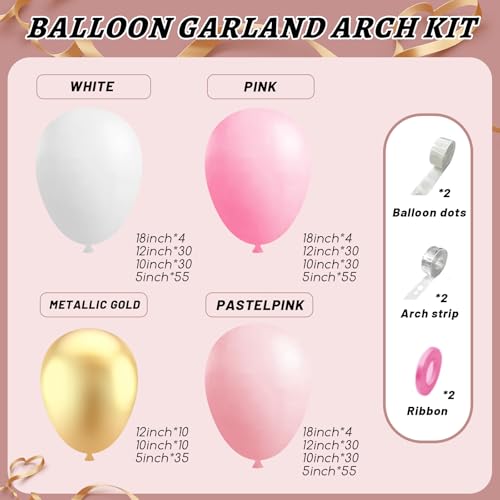 Image of 412Pcs Pink and White Balloons Arch Kit,18 12 10 5 Inch Pink and Gold Balloon Garland Pastal Pink White for Women Girls Birthday Bridal Baby Shower Decorations
