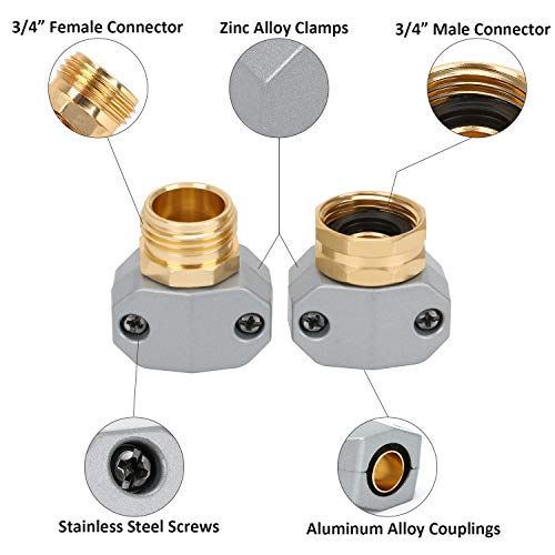 Styddi Garden Hose Repair Connector Fitting, Aluminum Mender Female And Male Hose End Connector With Zinc Clamp, Fit 5/8-Inch And 3/4-Inch Garden Hose, 2 Sets #TOP1