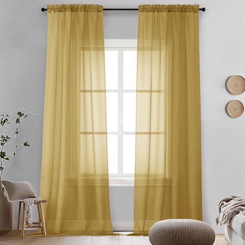 OVZME Rideaux transparents dorés de 228 cm de long 2 panneaux - Panneaux de fenêtre transparents filtrant la lumière pour salon/chambre à coucher, poche à...