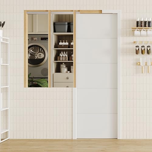 Image of 30 inch x 80 inch Pocket Door with Frame & Track Kit, 5-Panel Textured Sliding Interior Pocket Door, Soft Close Hardware, Lightweight Waterproof PVC Pocket Doors