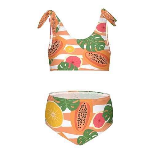 Papaya Lemon Tropical Leaves Girls Swimsuits 2 Piece Swimwear Bikini Set Beach Bathing Suit for Summer Girl Kids 7-8T