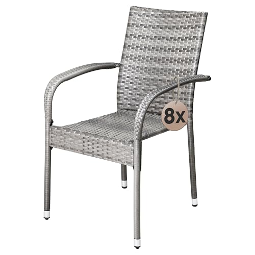 Casaria® Gartenstühle 8er Set Stapelbar Wetterfest Polyrattan Outdoor 160kg Garten Terrasse Balkon Stuhl mit Armlehne Gartensessel Stapelstühle Grau