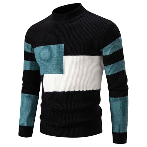Mens Sweater Crewneck Pullover Long Sleeve Color Block Cable Knit Tops Warm Chunky Winter Jumper Sweaters