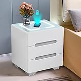 ROSPFKELSC Smart Bedside Table with Wireless Charging, 3-Color LED Lights & 3 Drawers, Nightstand for Bedroom & Living Room, Black/White