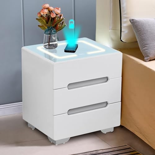 ROSPFKELSC Smart Bedside Table with Wireless Charging, 3-Color LED Lights & 3 Drawers, Nightstand for Bedroom & Living Room, Black/White