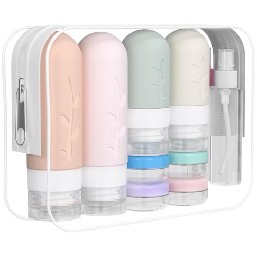 Image of DEPOZA Travel Bottles Kit (16 Pack) - TSA Approved, Leak Proof Silicone Squeezable Containers for Toiletries. Complete Set with Jars, Sprayers & Bag (Pink)