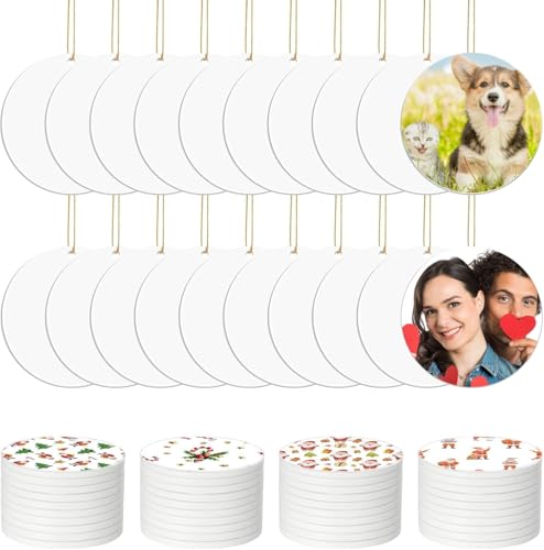 60 Pcs Sublimation Ceramic Ornaments Blank Double-Sided 3 inch Round Sublimation Ornament Blanks for Heat Press Printing Crafting DIY Personalized Christmas Home Decor