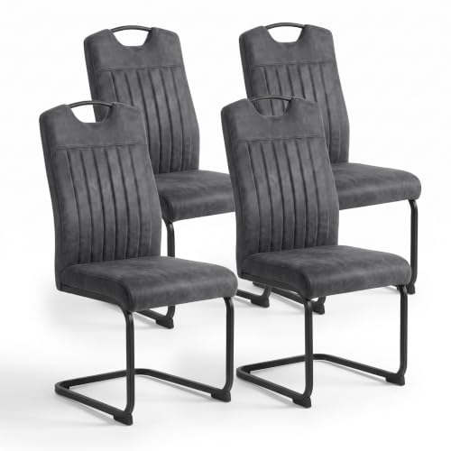 Image of Blisswood Dining Chairs Set of 4, Upholstered Dining Room Chairs, High Back Padded Kitchen Chairs, PU Leather Seats, Retro Industrial Dining Style, Cantilever Metal Frame, 100kg Load Capacity (Grey)