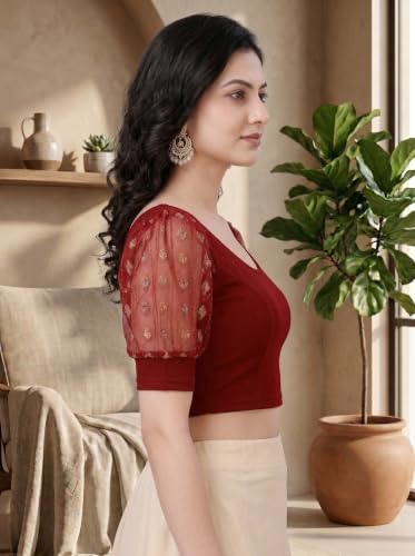 Image of SFT Women's Cotton Lycra Blend Readymade Saree Blouse with Round Neck Half Sleeves Solid Pattern Knit Weave Regular Fit and Pull On Closure