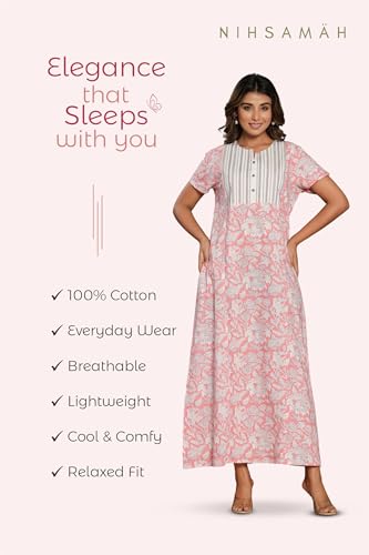 Image of NIHSAMAH Cotton Nighty for Women - Printed Stylish Night Gown, Comfortable Sleepwear Long Nightwear, Maxi