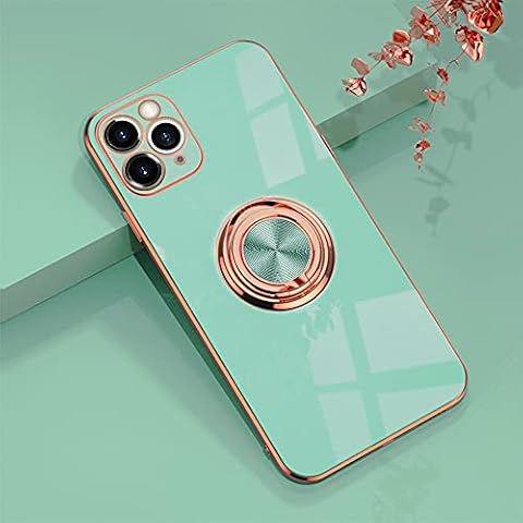 Omorro for iPhone 11 Pro Case with Ring, Built-in 360 Degree Rotation Ring Kickstand Cover Case with Shiny Plating Rose Gold Edge Work with Magnetic Car Mount Slim Soft Tup Case for Women Girls Teal Cover