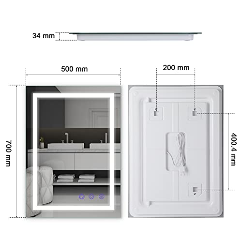 BONADE LED-badkamerspiegel, anti-condens, 50 x 70 cm, met dimbare verlichting, wandspiegel LED met touch-schakelaar, badkamerspiegel IP65 en 3000 lm, warm wit/natuurwit/koud wit (3500-6500 K) - Image 3