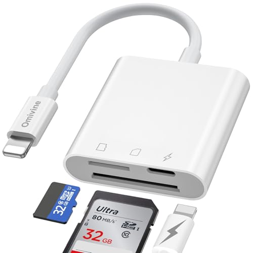 Omivine Lecteur de Carte Mémoire Externe SD 3 en 1 pour iPhone, Lecteur de Carte Mémoire SD et TF Double Fente pour iPad, Adaptateur de Carte MicroSD avec Chargement pour Caméra de Jeu, Drone, etc.
