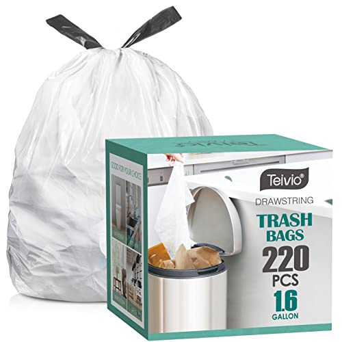 Image of 1.6 Gallon/220pcs Strong Drawstring Trash Bags Garbage Bags by Teivio, Bathroom Trash Can Bin Liners, Code b fit 6 Liter, Small Plastic Bags for home office kitchen