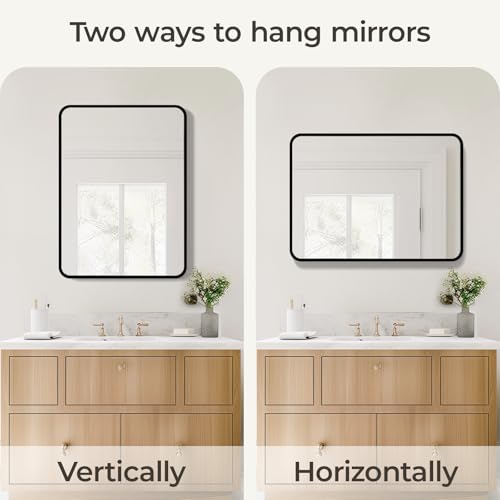 Image of USHOWER Black Bathroom Mirror for Over Sink 22 x 30 Inch, Matte Black Rectangle Mirror for Wall, Rounded Metal Frame Vanity Mirror