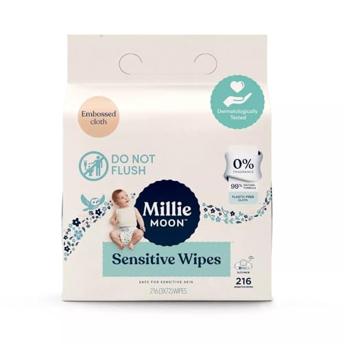 Image of Millie Moon Sensitive Baby Wipes, Plastic-Free, 99% Natural Formula, 216 Count