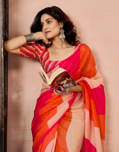Image of SIRIL Women's Printed Chanderi Cotton One Minute Ready to Wear Saree with Unstitched Blouse Piece