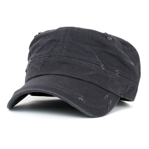 ililily Distressed Cotton Cadet Cap Strap Army Style Hat, Dark Grey