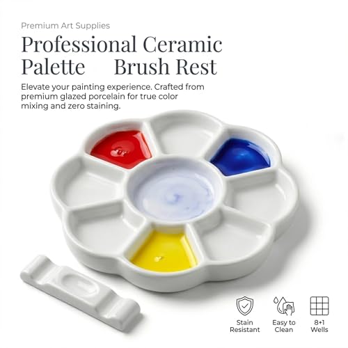Paleta de acuarela de cerámica blanca de 5 pulgadas con diseño de flor de ciruelo y soporte integrado 4