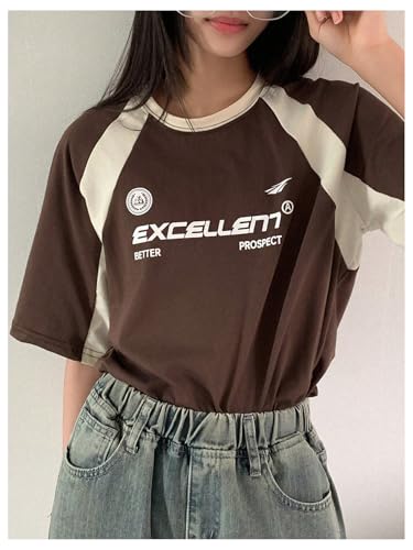 SweatyRocks Girl's Color Block Oversized T Shirts Raglan Sleeve Crewneck Letter Graphic Tees4