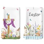 Arquiel 2Pcs Easter Christian Kitchen Tea Towels 100% Cotton Rabbit Flower Hand Towels Multiple Uses Quick Dry Dish Cloth for Table, Kitchen Decor, Housewarming Gifts
