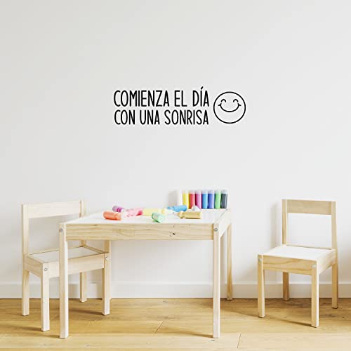 Vinyl Wall Art Decal - Comienza El Día Con Una Sonrisa/Start The Day With A Smile - 7.2" X 25" - Positive Inspiring Spanish Quote Sticker For Bedroom Kids Room Daycare School Decor (Black) #TOP18