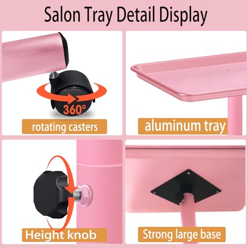 Salon Tray on Wheels, Metal, Salon Rolling Tray Height Adjustable Used As Color Tray, Hair Stylist Tray,Tattoo Tray and Dental Tray(Pink)